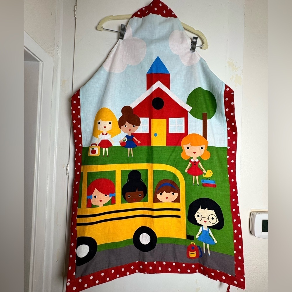 Colorful School House and School Bus Themed Apron with Polka Dot Background